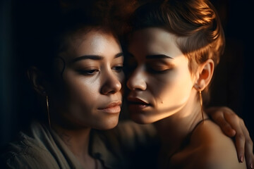 Beautiful young lesbian couple embracing passionately. Generative AI