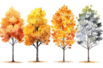 Naklejka na ściany i meble Watercolor autumn trees clip art on white background Generative AI 