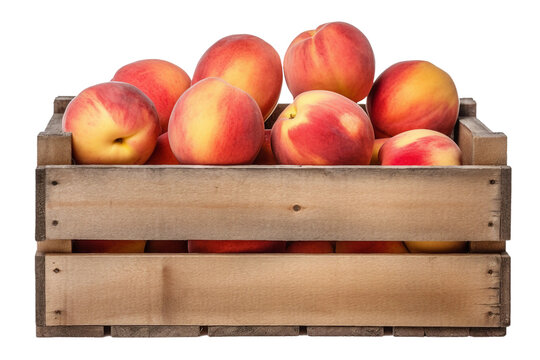 Peaches in a rustic wooden crate . transparent background