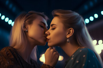 Beautiful young lesbian couple kissing passionately. Generative AI - obrazy, fototapety, plakaty