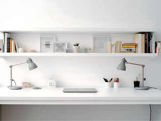 Fototapeta na wymiar Home office, creative desk with office supplies and white wall. Ai Generative