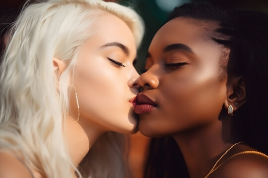 Beautiful young lesbian couple kissing passionately. Generative AI