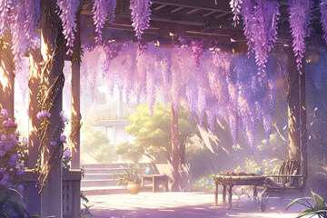 illustration beautiful wisteria flower blossom at ancient palace garden yard