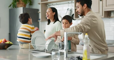 Teamwork, kids learning or parents washing dishes with support for housekeeping in kitchen in family home. Siblings, or father teaching, cleaning or helping children for healthy hygiene together - Powered by Adobe