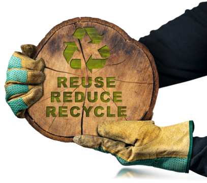Gloved hands holding a cross section of a tree trunk with a recycle symbol and Text Reuse, Reduce and Recycle. Isolated on white or transparent background. Sustainable Resources concept. Png.