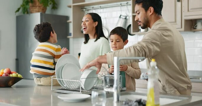 Teamwork, kids learning or parents washing dishes with support for housekeeping in kitchen in family home. Siblings, or father teaching, cleaning or helping children for healthy hygiene together