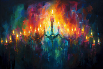 A dreamy, abstract painting of a Jewish menorah, glowing flames flickering in the dark, Impressionistic brush strokes, vibrant colors, digital canvas