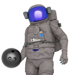 astronaut is holding a bowling ball