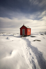 Wooden red hut in a snow field generative AI