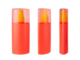 Orange plastic spray bottle on a white background. Cosmetic spray bottle. 