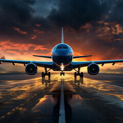 Fototapeta airplane landing at sunset obraz