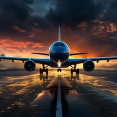 Fotobehang Vliegtuig airplane landing at sunset