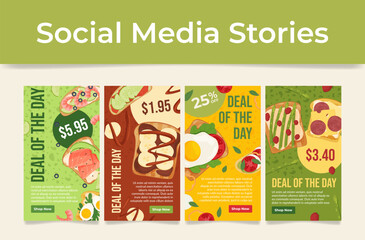 Food cafe cafeteria restaurant deals of day sale discount social media stories set vector