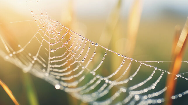 Highly detailed macro shot of dew - kissed spider web, natural bokeh background with soft morning light