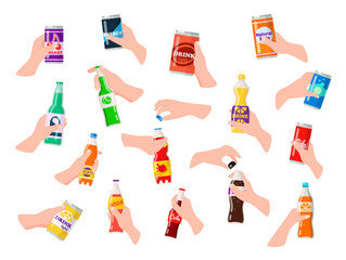Human hands holding different drinks refreshing beverage in bottle and can set vector flat