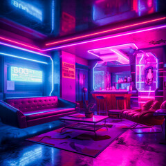 Lounge Bar Design in einem futuristischen SciFi Hotel mit Neonbeleuchtung, Cyberpunk. Generative AI