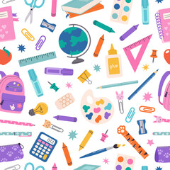 Vector seamless pattern from school supplies in hand drawn style. Back to school. Backpack, globe, pencil, notebook, stationery and books.