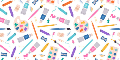 Vector seamless pattern with art supplies. Paint tube, pencil, crayons, color palette, brushes, hand drawn in white background. Cartoon flat style.