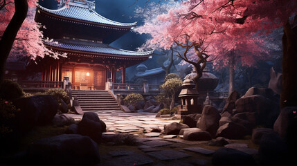 A beautifully lit ancient Buddhist temple, lost in a mystic forest, detailed stone carvings, calm and serene atmosphere, hints of gold, cherry blossom trees in full bloom around
