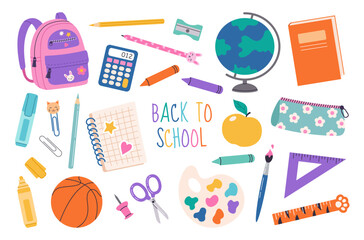 Set of school supplies. Back to school.  Vector hand drawn illustration in a flat cartoon style. Cute school stickers. Various accessories for study, student equipment.