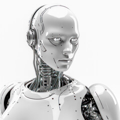 Porträt eines humanoiden Roboters mit weiblichen Gesichtszügen. Weißer Hintergrund, Generative AI