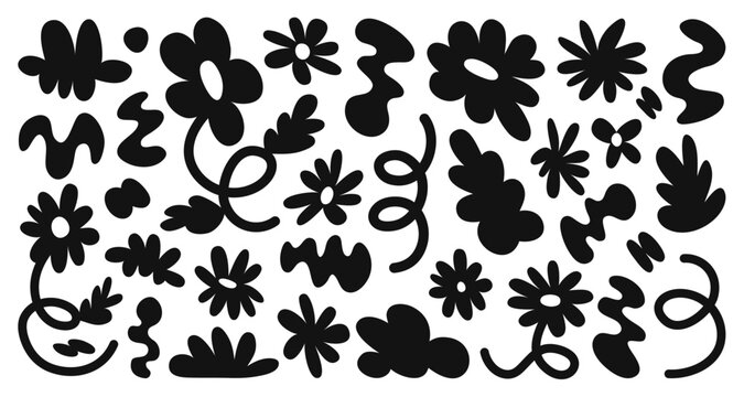 Naklejki Set of abstract flowers and shapes. Vector sticker pack. Collection of contemporary figure, funny flower, bubble, cloud, loop, wavy and spiral elements. Trendy 70s, 90s 00s groovy cartoon style.