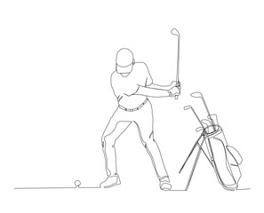 Continuous line drawing of man playing golf. Single one line art concept of professional golfer swinging the stick to hit ball. Editable stroke.