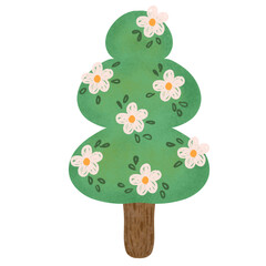 White flower tree, hand drawing on transparent backgound. Printable with high quality.