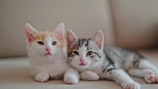 Two kittens lie on the couch and look at the camera