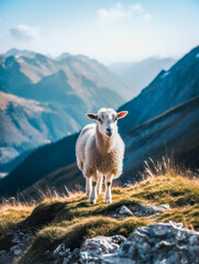 Fototapeta premium Weißes Schaf im Gebirge, Generative AI, ai generated