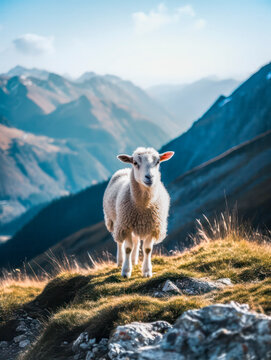 Wei&szlig;es Schaf im Gebirge, Generative AI, ai generated