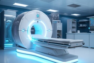 Advanced x-ray, MRI or CT scan medical diagnosis machine at hospital lab with modern medical office interior. Generative AI.