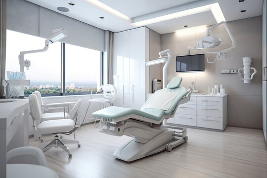 Dental chair and medical diagnosis machine equipment at hospital health care, advanced dentistry, dental care, health insurance. Generative AI