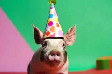 Fotobehang Funny and friendly cute pig wearing a birthday party hat in studio, on a vibrant, colorful background. Generative AI © Mihai Zaharia