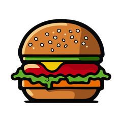 Cute burger. Image of a cheeseburger. Appetizing hamburger in flat style. Vector illustration