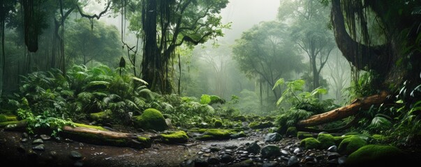 Monsoon rain forestfull of green nature, panorama. Generative Ai.