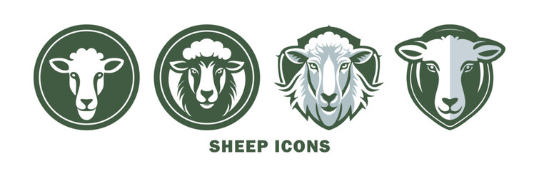 Vector set of green eco round icons with sheep head. White isolated background.