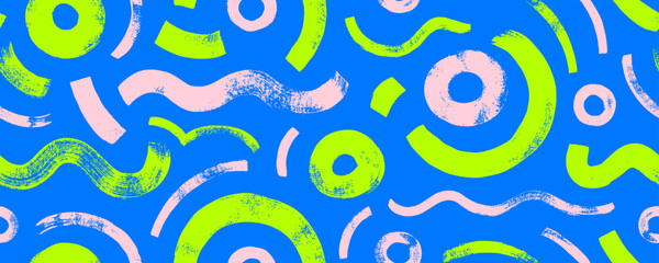Bright circular shapes and waves seamless pattern. Brush drawn bold curved lines and circles. Trendy vector design with colorful basic shapes. Messy doodles, bold curvy lines. Abstract grunge banner.