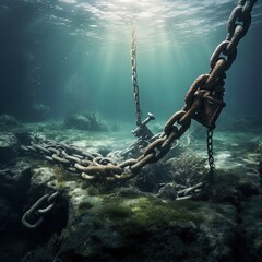 A rusted anchor and chain dragging along the ocean floor. Great for stories on pirates, maritime adventure, salvage, shipwrecks, ocean exploration and more. 