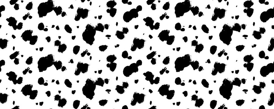 Dalmatian animal fur seamless pattern. Brush drawn spot background. Simple irregular geometric design. Vector ink dot seamless banner. Cow texture pattern. Random bovine spots or blots.