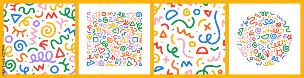Poster Fun colorful line doodle seamless pattern. Creative minimalist style art background for children or trendy design with basic shapes. Simple childish scribble backdrop.	
