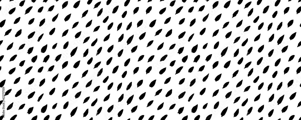 Poster Seamless banner with dashed strokes. Brush drawn blobs. Rain pattern with diagonal strokes, rounded hand drawn lines. Vector rain drops texture. Black and white abstract background. Simple texture.
