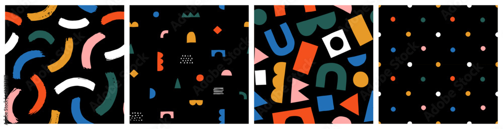 Poster Fun colorful seamless pattern collection. Creative style geometric shape background for children or trendy design with abstract collage shapes. Simple and playful doodle wallpaper print set.