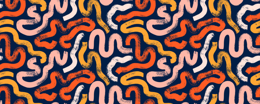 Bold squiggle lines seamless pattern in warm colors. Brush drawn thick doodle lines ornament. Grunge squiggles. Orange, yellow and light pink curved brush strokes. Abstract organic geometric ornament.