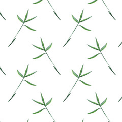 Seamless pattern green leaves trees, foliage of natural branches, green leaves, herbs, tropical plants hand drawn watercolor on white background.
