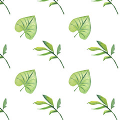 Seamless pattern green leaves trees, foliage of natural branches, green leaves, herbs, tropical plants hand drawn watercolor on white background.