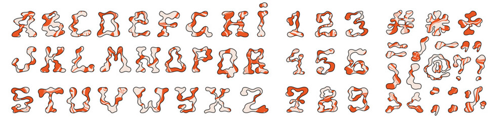 Melted alphabet, numbers, and symbols. Set of funky letters. Vector.