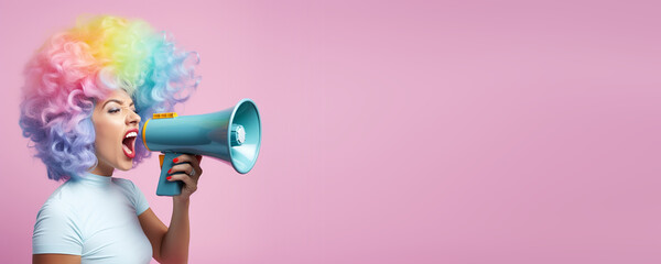 Young woman yelling into a megaphone. Generative AI banner