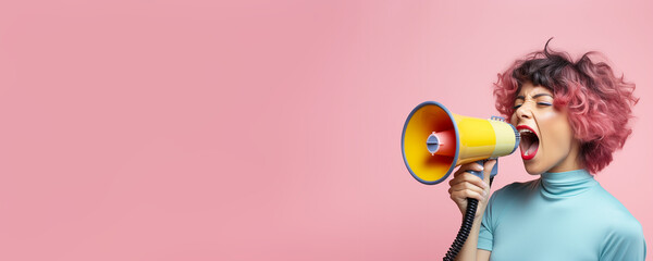 Young woman yelling into a megaphone. Generative AI banner