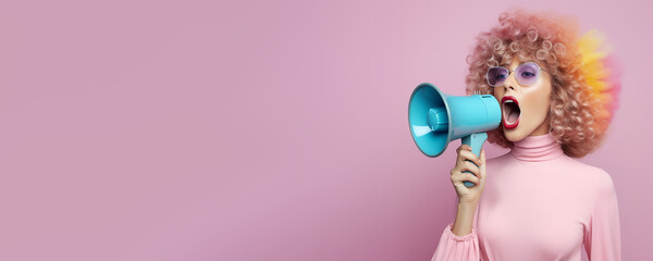Young woman yelling into a megaphone. Generative AI banner